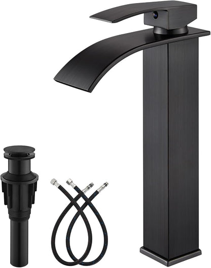 gotonovo Modern Waterfall Tall Bathroom Faucet 1 Hole, Oil Rubbed Bronze | Vessel Sink Faucet Single Handle 304 Stainless Steel,Pop Up Drain,24" cUPC Supply Line,for Lavatory Vanity Restroom Basin RV