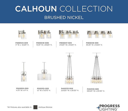 Progress Lighting P300047-009 Calhoun Collection Clear Glass Farmhouse Bath Vanity Light, 3-Light, Brushed Nickel