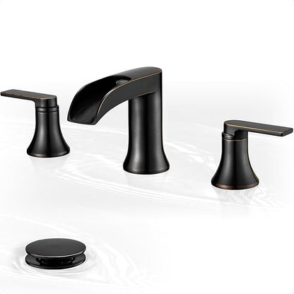 Oil Rubbed Bronze Widespread Waterfall Bathroom Sink Faucet 3 Hole, 4-8 Inch Brass Farmhouse Bathroom Faucets with Pop-up Drain and Supply Lines, 2 Handle for Vanity, Lavatory, Restroom