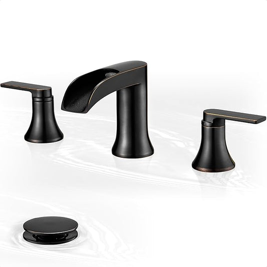 Oil Rubbed Bronze Widespread Waterfall Bathroom Sink Faucet 3 Hole, 4-8 Inch Brass Farmhouse Bathroom Faucets with Pop-up Drain and Supply Lines, 2 Handle for Vanity, Lavatory, Restroom