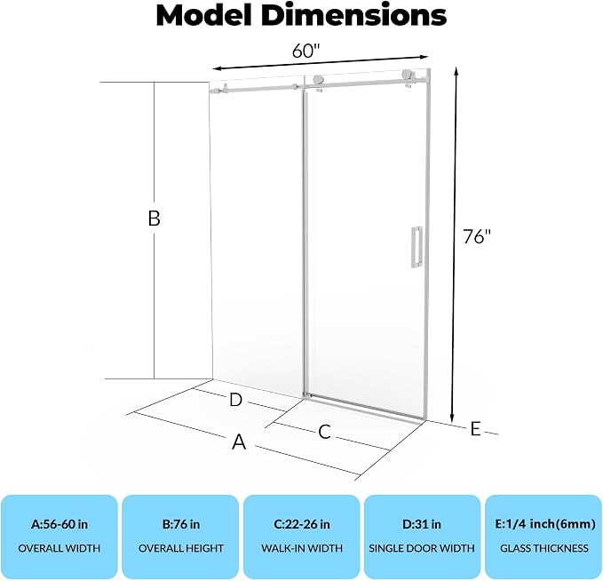 GarveeLife 56-60 Inch W × 76 Inch H Frameless Shower Door – Brushed Stainless Steel Round Rail, Fixed Panel and Sliding Glass Shower Door with 6mm Tempered Glass, Easy Clean Coating