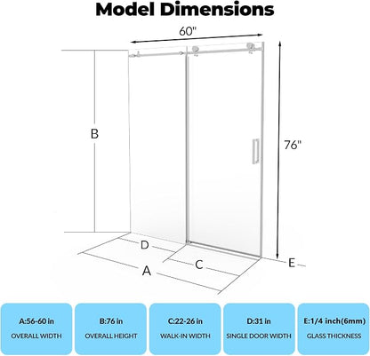 GarveeLife 56-60 Inch W × 76 Inch H Frameless Shower Door – Brushed Stainless Steel Round Rail, Fixed Panel and Sliding Glass Shower Door with 6mm Tempered Glass, Easy Clean Coating