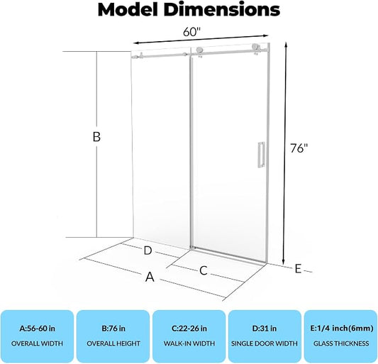 Sliding Shower Door 56–60 inch W× 76 inch H, Frameless Glass Shower Door with Round Stainless Steel Rail and 55mm Rollers, 6mm Tempered Glass, Brushed, Modern Shower Enclosure for Bathroom Remodeling
