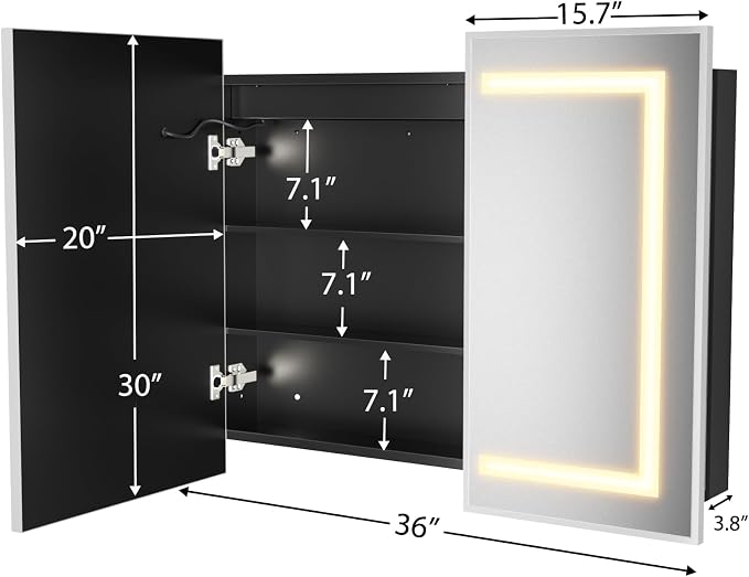 ROOMTEC 36 x 30 Inch Medicine Cabinet Mirror with LED Lights, Silver Bathroom Medicine Cabinet with Mirror and Storage, Recessed or Wall Mount, 3 Color Temperature, Dimmable Light
