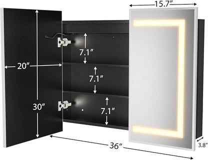 ROOMTEC 36 x 30 Inch Medicine Cabinet Mirror with LED Lights, Silver Bathroom Medicine Cabinet with Mirror and Storage, Recessed or Wall Mount, 3 Color Temperature, Dimmable Light