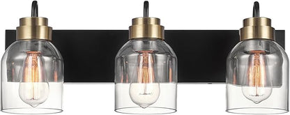 Globe Electric 63000200 22" 3-Light Vanity Light, Matte Black, Matte Brass Accents, Glass Shades, Beauty Room Accessories, Lights for Bathroom, Powder Room Lighting, Bathroom Lights Over Mirror
