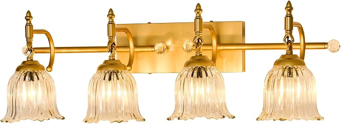 CVKASH 4-Light Bathroom Vanity Light Fixtures Over Mirror,Brushed Gold Modern Vanity Lights with Glass Shade Vintage Wall Sconce for Bedroom Dressing Room Living Room Hallway Cabinet