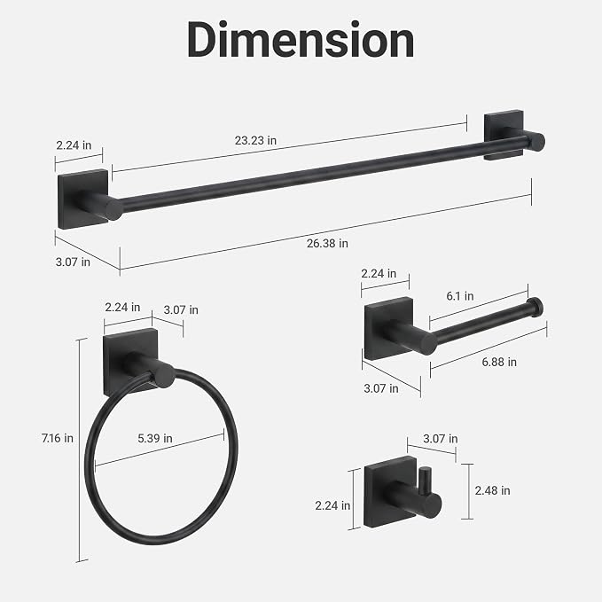 24-Inch Wall Mounted Towel Racks for Bathroom – Space Saver 4-Piece Durable Stainless Steel Bathroom Hardware Set with Towel Bar, Towel Ring, Toilet Paper Holder & Hook, Matte Black
