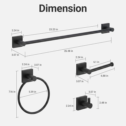 24-Inch Wall Mounted Towel Racks for Bathroom – Space Saver 4-Piece Durable Stainless Steel Bathroom Hardware Set with Towel Bar, Towel Ring, Toilet Paper Holder & Hook, Matte Black