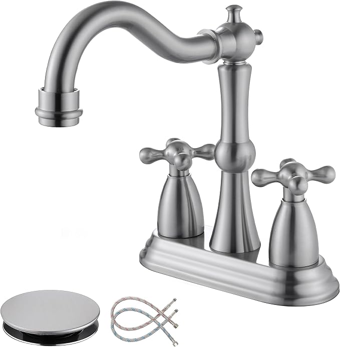 Brushed Nickel Bathroom Faucet, 4 Inch Antique Bathroom Faucet | with Pop up Drain, Stainless Steel, Cross Handles, 4 Inch Centerset
