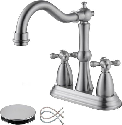 Brushed Nickel Bathroom Faucet, 4 Inch Antique Bathroom Faucet | with Pop up Drain, Stainless Steel, Cross Handles, 4 Inch Centerset
