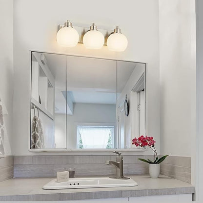 Tuscarora Bathroom Light Fixtures, Brushed Nickel Vanity Light 3 Light with Milk Glass Shade, Over Mirror Lighting for Bathroom