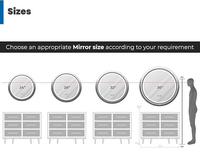 28 Inch Round LED Mirror for Bathroom, Black Metal Frame Lighted Vanity Mirror with 3 Color Modes, Touch Dimmer - Anti-Fog Wall Mounted Circle Mirror with Lights - Fab Glass and Mirror