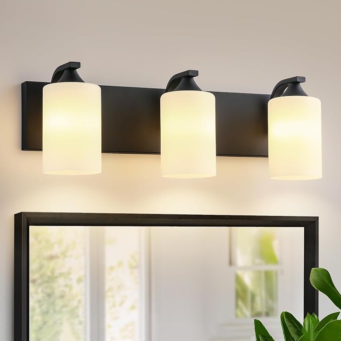 Bathroom Vanity Light Fixtures,3-Light Matte Black Bathroom Lighting Fixtures Over Mirror with Milk White Glass Shades Modern Farmhouse Vanity Lights Wall Sconces
