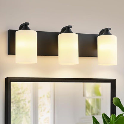 Bathroom Vanity Light Fixtures,3-Light Matte Black Bathroom Lighting Fixtures Over Mirror with Milk White Glass Shades Modern Farmhouse Vanity Lights Wall Sconces