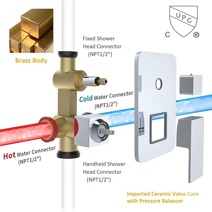 Ceiling Mount Shower Faucet Set 12 Inch LED Rainfall Shower Head Bathroom Rainfall Shower System with Handheld Spray Rough-in Valve Body and Trim Included, Chrome Finished