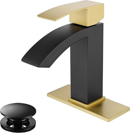Single Hole Bathroom Faucet, Single Handle Bathroom Sink Faucet with cUPC Supply Hose and Pop Up Stopper, Black and Gold Faucet with 6 inch Deck Plate JU-BS100-BKG