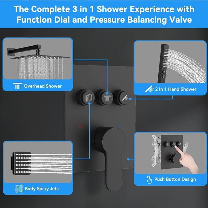 Shower System with 4 Body Jets Matte Black, STARBATH 12" Square Wall Mounted Rain Shower with Handheld Sprayer, Can Use All at Once, Push Button Complete Shower Faucets Sets with Valve and Trim Kit