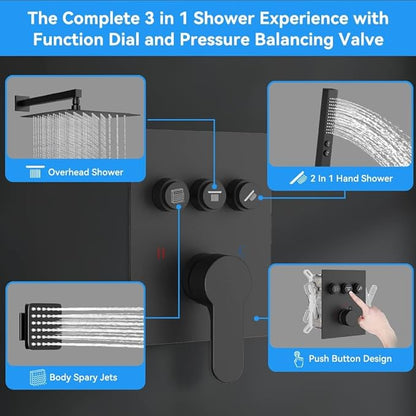 Shower System with 4 Body Jets Matte Black, STARBATH 12" Square Wall Mounted Rain Shower with Handheld Sprayer, Can Use All at Once, Push Button Complete Shower Faucets Sets with Valve and Trim Kit