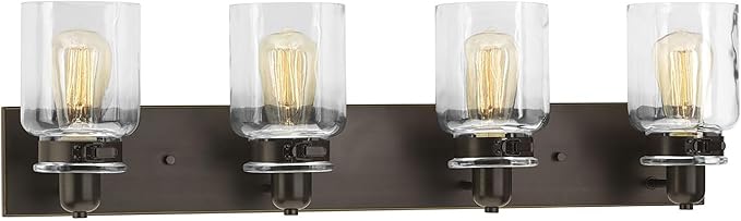 Progress Lighting P300048-020 Calhoun Collection Clear Glass Farmhouse Bath Vanity Light, 4-Light, Antique Bronze