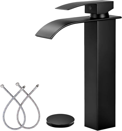 Black Waterfall Bathroom Faucet Single Handle Vessel Sink Faucet | Certified NSF cUPC DOE CEC SUS304 steel.waterfall spout,Bathroom Sink Fauce 1 hole,Pop-up Drain,Fits vanity,Bar sink