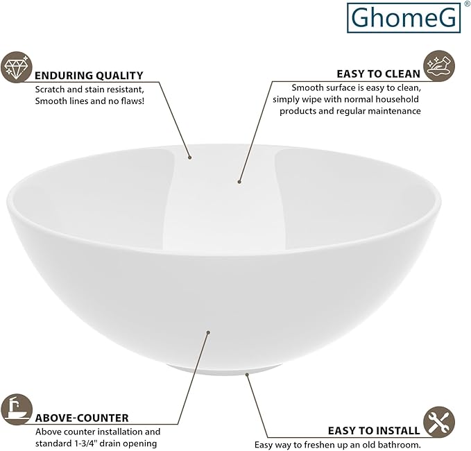 16''x16'' Vessel Sink - Round White Ceramic Porcelain Above Counter Bowl for Bathroom Vanity, Small Art Basin