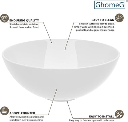 16''x16'' Vessel Sink - Round White Ceramic Porcelain Above Counter Bowl for Bathroom Vanity, Small Art Basin