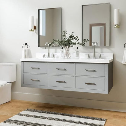 ARIEL Hutton 60-inch Bathroom Vanity with Sink,Solid Wood, 1.5-inch Pure White Quartz Countertop & Backsplash, Double Rectangular Porcelain Sink, 3 Dovetail Drawers, Grey