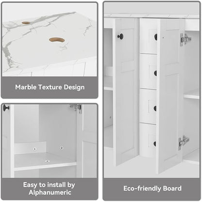 48 inch White Bathroom Vanity with Marble Texture Top and 4 Drawers, Modern Standing Pedestal Cabinet Without Sink