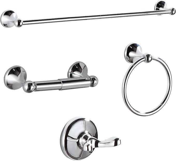 BGL Bathroom Hardware Set, Chrome Adjustable Expandable Towel Bar 4-Piece Bathroom Accessory Set Wall Mounted Robe Hook Toilet Paper Holder Towel Ring Towel Bar