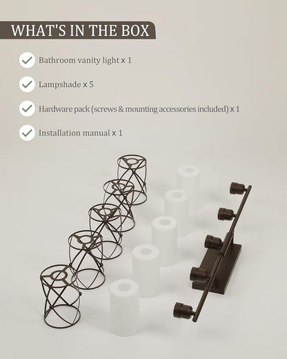 5-Light Oil Rubbed Bronze Bathroom Light Fixtures Over Mirror, 38" UL-Listed Modern Farmhouse Wall Sconce Lights with Milk White Frosted Glass and Metal Cage for Bath, E26, CH9176ORBW-5W
