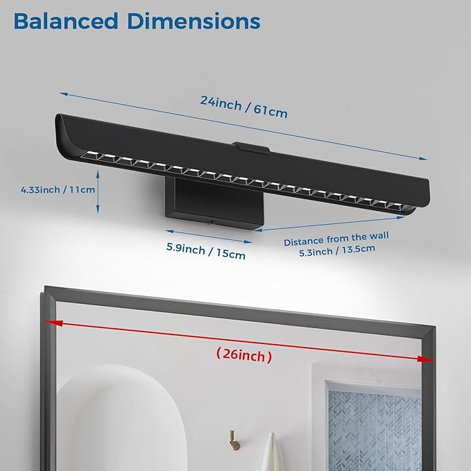 24" Black LED Vanity Light Bar - Dimmable 6000K Integrated Wall Light for Bathroom Mirror, Modern Bathroom Vanity Light for Bedroom & Bath