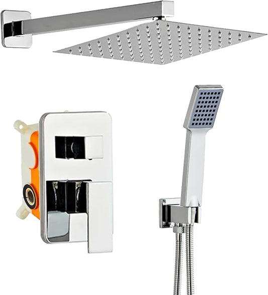 Bathroom Shower System 8 Inch Rain Shower Head and Handheld Wall Mounted, High Pressure Rainfall Dual Shower Combo Set with Valve and trim, Luxury Rain Mixer Brushed Silver Shower Faucet