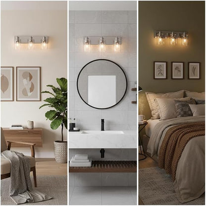 3-Light Bathroom Vanity Light Fixtures,Modern Wall Sconces,Bathroom Lights Over Mirror,Wall Mounted Lamp for Kitchen Living Room Bedroom Hallway,Brushed Nickel Finish with Clear Glass Shade