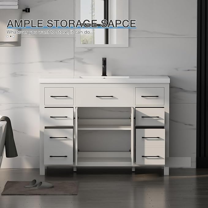 LUCKWIND 48" Modern Bathroom Vanity with Sink Combo, Contemporary Painted Storage Cabinet and Single White Sink, Include Soft-Closing Doors & Matte Black Faucet, White