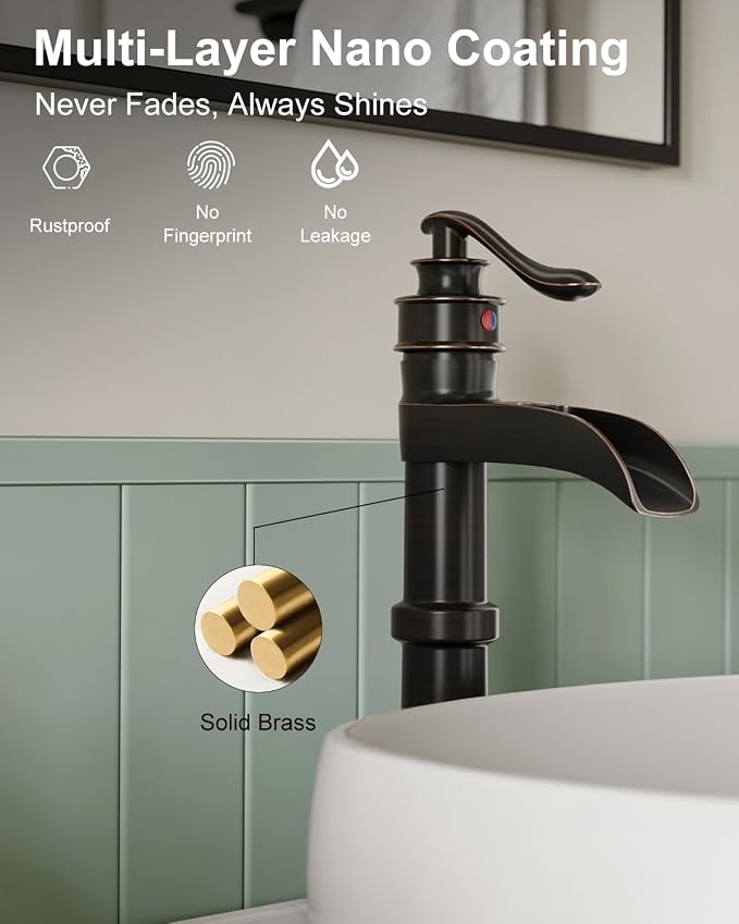 BWE Vessel Sink Faucet Waterfall Tall Oil Rubbed Bronze Bathroom Faucet | Single Hole One Handle Brass Countertop Lavatory Vanity Mixer Tap with Pop Up Drain and Supply Lines for RV Bar No Overflow