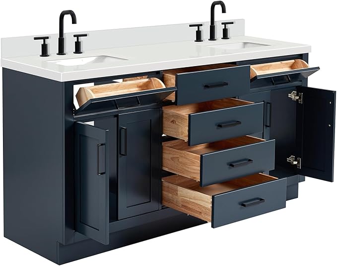 ARIEL Hepburn 66-inch Bathroom Vanity with Sink,Solid Wood, 1.5-inch Pure White Quartz Countertop, Double Rectangular Porcelain Sink, 4 Soft Closing Doors, 6 Dovetail Drawers, Midnight Blue