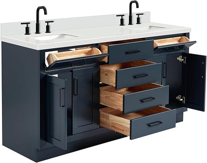 ARIEL Hepburn 66-inch Bathroom Vanity with Sink,Solid Wood, 1.5-inch Pure White Quartz Countertop, Double Rectangular Porcelain Sink, 4 Soft Closing Doors, 6 Dovetail Drawers, Midnight Blue