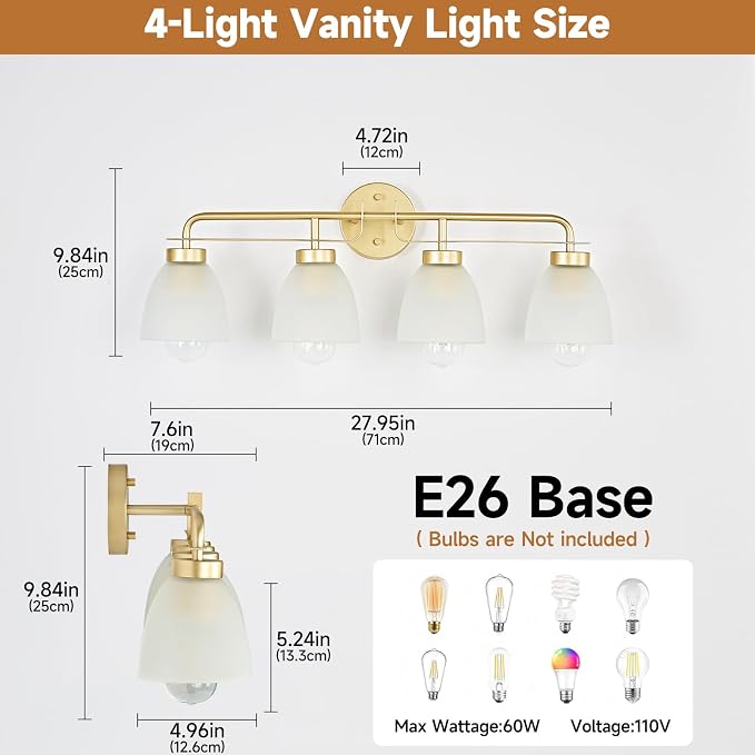 28 Inch Mid-Century Modern Vanity Lights, 4-Light Golden Bathroom Light Fixture with Frosted White Bell Shades, Industrial Wall Sconce for Mirror Over Vanity, Bedroom, Hallway