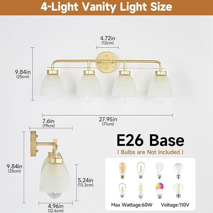28 Inch Mid-Century Modern Vanity Lights, 4-Light Golden Bathroom Light Fixture with Frosted White Bell Shades, Industrial Wall Sconce for Mirror Over Vanity, Bedroom, Hallway