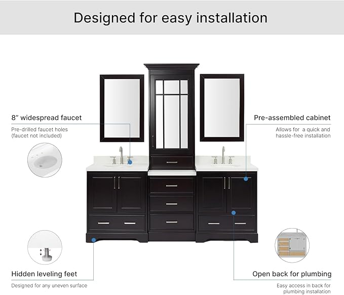 ARIEL Stafford 84-inch Bathroom Vanity with Sink,Solid Wood, 1.5-inch Pure White Quartz Countertop & Backsplash, Double Oval Porcelain Sink, 5 Soft Closing Doors, 6 Dovetail Drawers, Espresso