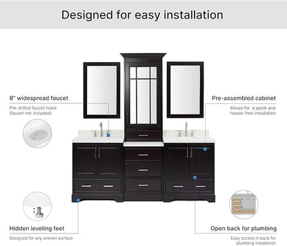 ARIEL Stafford 84-inch Bathroom Vanity with Sink,Solid Wood, 1.5-inch Pure White Quartz Countertop & Backsplash, Double Oval Porcelain Sink, 5 Soft Closing Doors, 6 Dovetail Drawers, Espresso