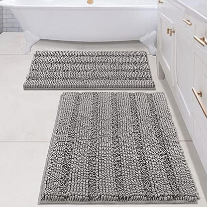 H.VERSAILTEX 2 Piece Bathroom Set - Super Absorbent Chenille Striped Bath Mats, Non Skid, Machine Washable (Dove Grey, 24 x 36 Plus 20 x 32 - Inches)