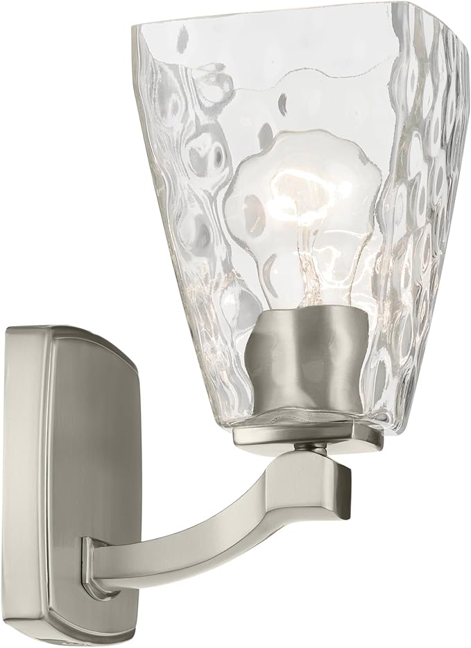 Kichler Marant 5" 1-Light Wall Sconce with Clear Water Glass in Brushed Nickel, for Bathroom, Powder Room, Hallway, (5" W x 9.5" H), 55214NIWTR