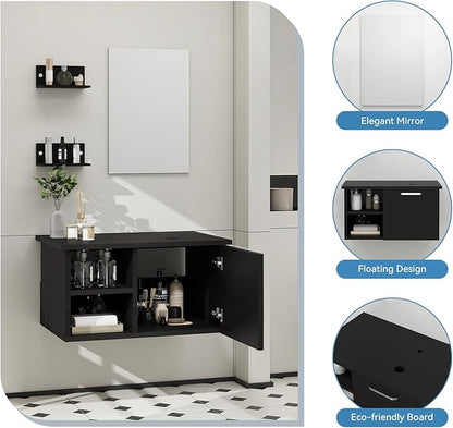 YOURLITE 28" Wall Mounted Bathroom Vanity Modern Lavatory Wood Cabinet with Mirror Black Round Countertop Sink Combo Vanities Set