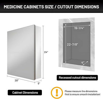 20 x 24 Medicine Cabinet Mirror for Bathroom,Assembly Required,Aluminum Alloy Frame,Recessed/Surface Mounted,Reversible L/R Door,Adjustable Shelves,Bathroom Medicine Cabinet with Mirror