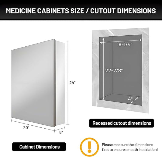 20 x 24 Medicine Cabinet Mirror for Bathroom,Assembly Required,Aluminum Alloy Frame,Recessed/Surface Mounted,Reversible L/R Door,Adjustable Shelves,Bathroom Medicine Cabinet with Mirror