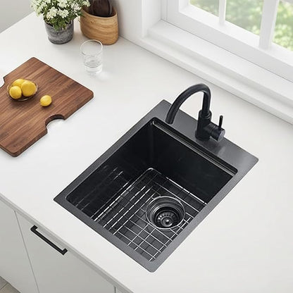 KINGO HOME Drop in Black Bar Sink, 15 x 20 Inch Single Bowl Small Kitchen Sink,304 Stainless Steel Topmount Wet Bar Sink Prep Sink With Grid&Drainer&Cutting Board