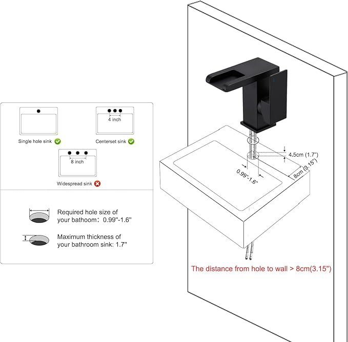 Hoimpro LED Waterfall Bathroom Faucet Matte Black, Single Handle Bathroom Sink Faucet 1 Hole, 3 Colors Light Changing vanity faucet, with Pop-up Drain and cUPC Supply Lines, Stainless Steel