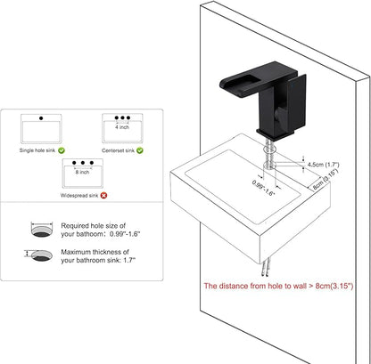Hoimpro LED Waterfall Bathroom Faucet Matte Black, Single Handle Bathroom Sink Faucet 1 Hole, 3 Colors Light Changing vanity faucet, with Pop-up Drain and cUPC Supply Lines, Stainless Steel